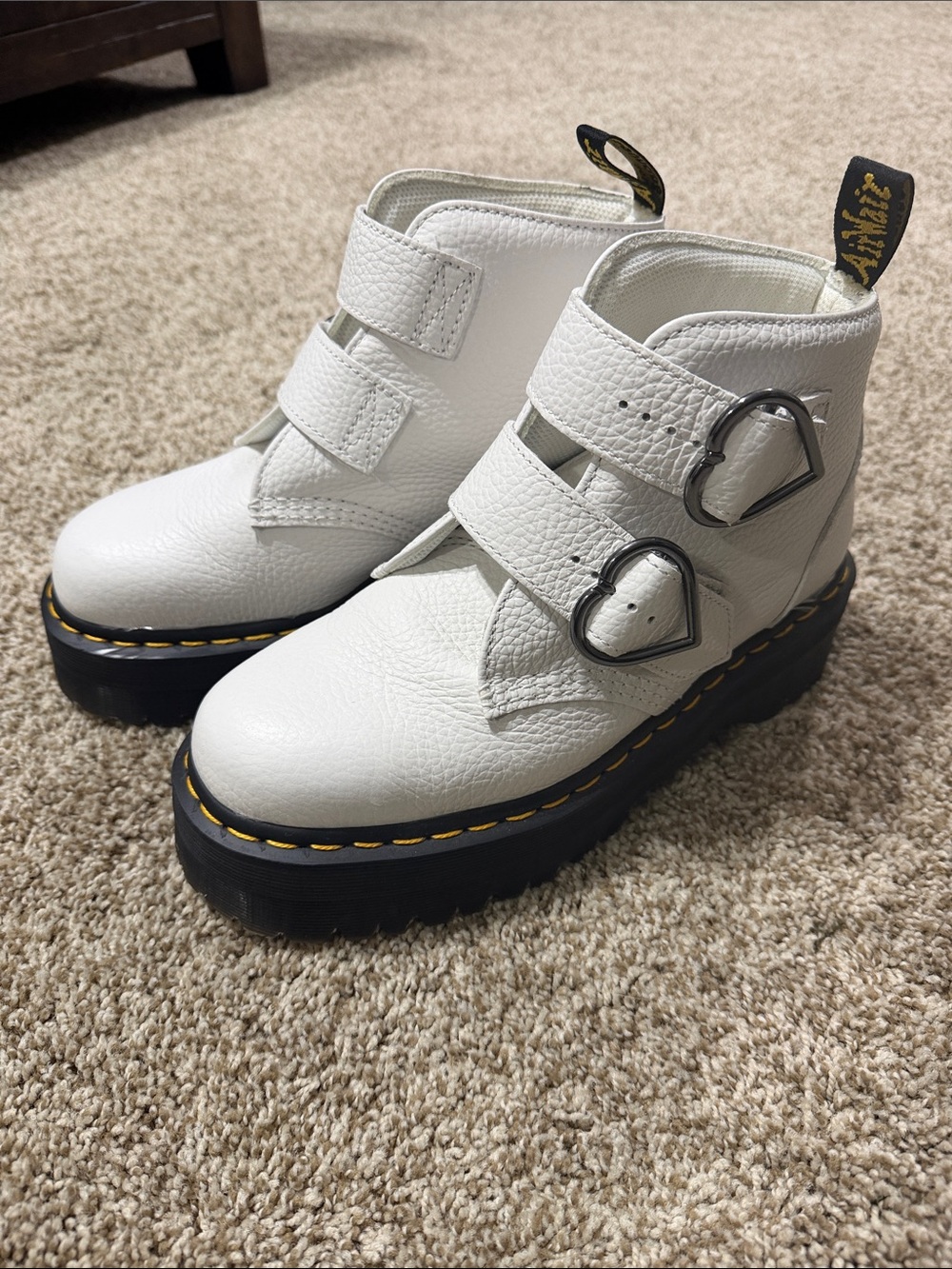 Dr. Martens White Leather Heart-Buckle Platform Ankle Boots